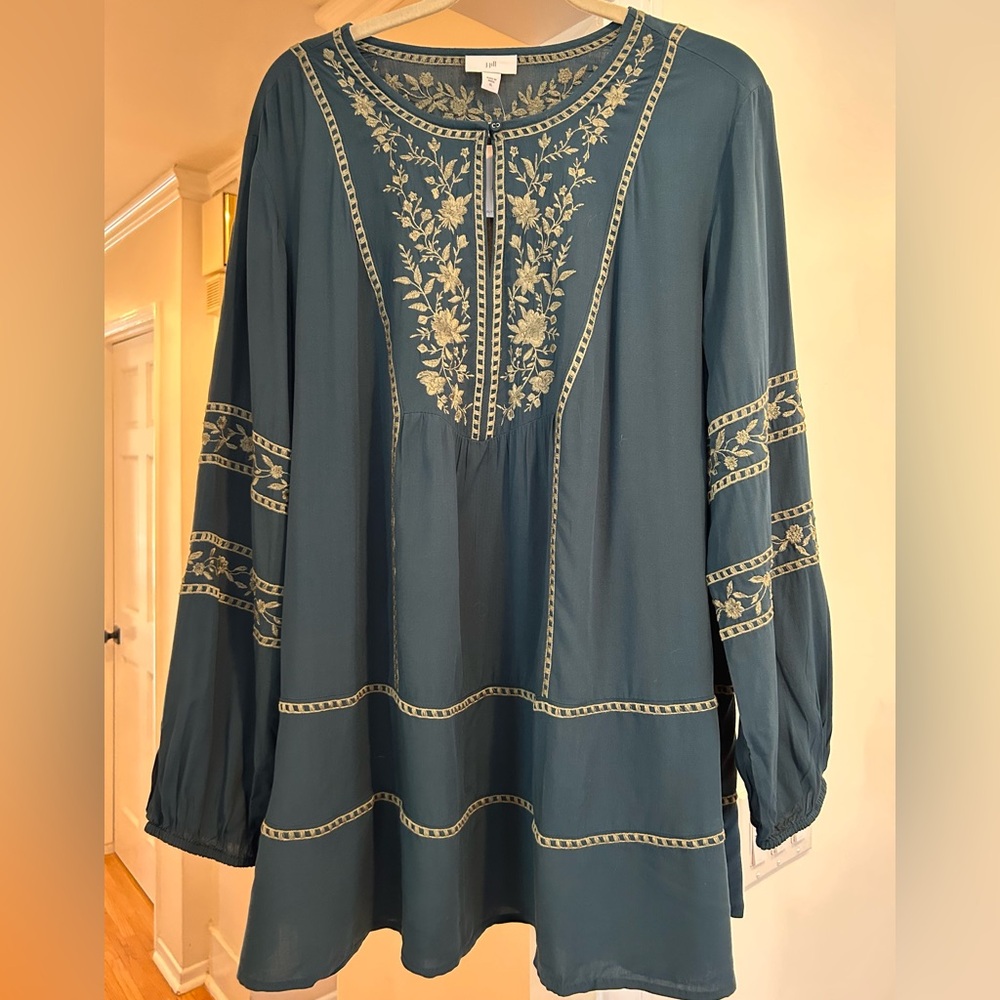 J. Jill Teal Blouse with Intricate Embroidery, SIZE: XL , New With Tags